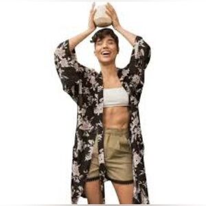 Spiritual Gangster Black Floral Kimono Duster One Size